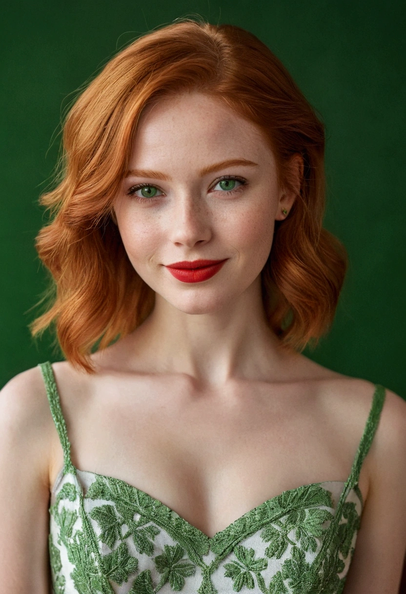 Portrait of a beautiful girl, Small Breasts, Complex dress, Gentle smile, Red lips, Ginger Hair, Green Eyes, realism, number, Concept Art, Smooth, Clear focus, Rule of Thirds, Style Fan