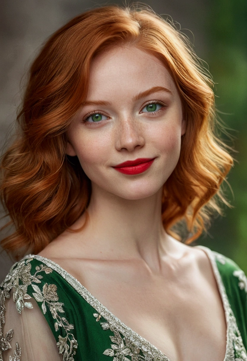 Portrait of a beautiful girl, Small Breasts, Complex dress, Gentle smile, Red lips, Ginger Hair, Green Eyes, realism, number, Concept Art, Smooth, Clear focus, Rule of Thirds, Style Fan
