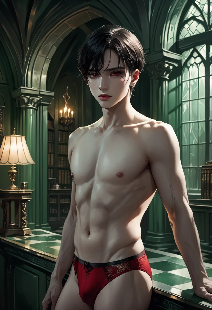 Beautiful detailed photo of a guy, Tom Riddle in red underwear, topless, black hair,red eyes, pale skin, sensual pose, in Slytherin common room with dramatic lighting, extremely detailed, cinematic composition, masterpiece, high quality, realistic art style, 4k