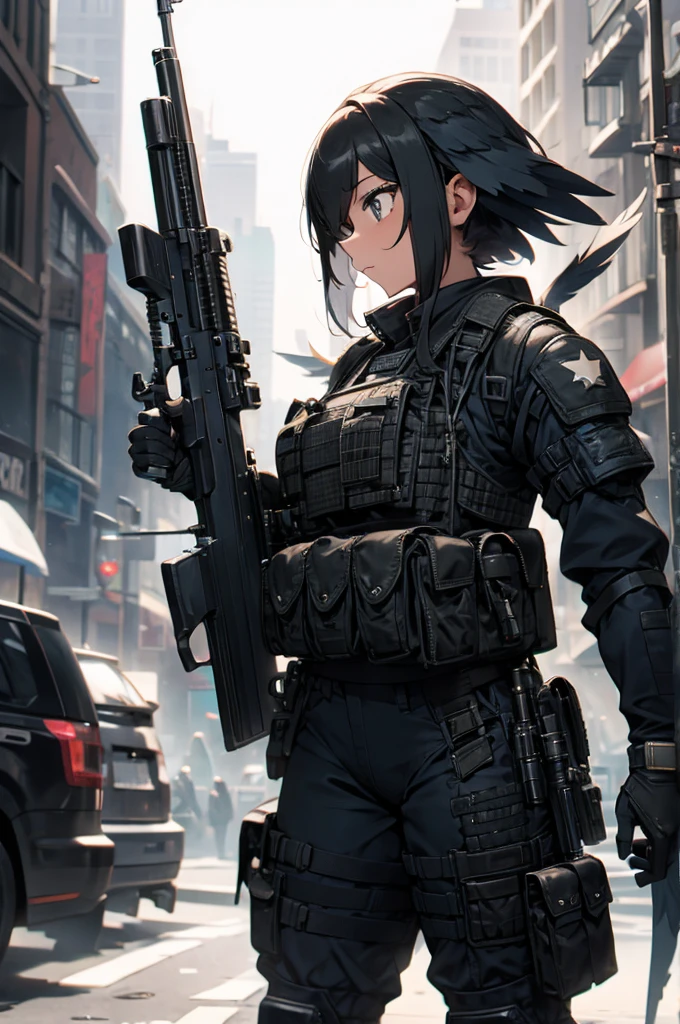 Harpy with a bulletproof vest and a submachine gun.
