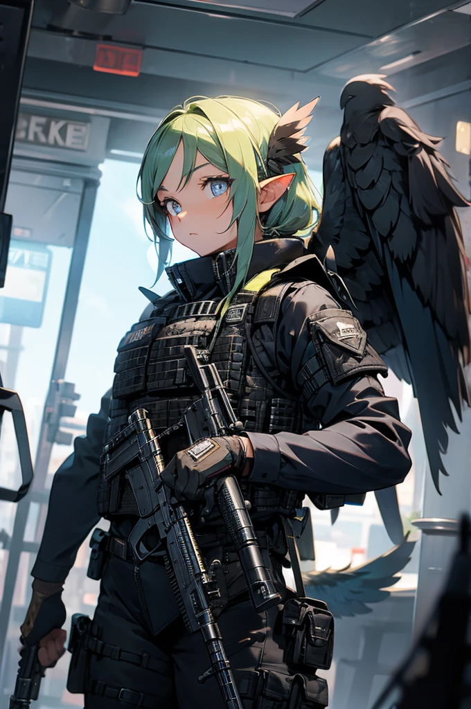 Harpy with a bulletproof vest and a submachine gun.