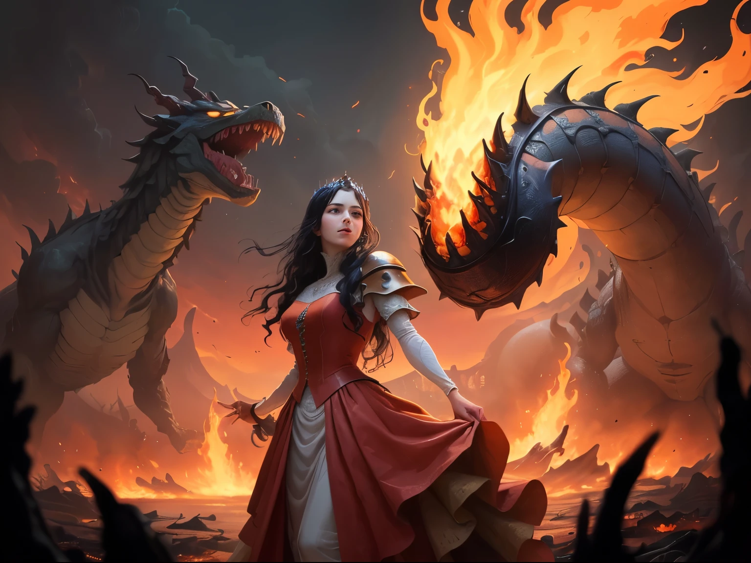 ((best quality)), ((masterpiece)), (detailed), A digital illustration of an injured long black haired woman standing victorious with one hand raised with a giant monster made up of writhing worms getting destroyed in the background. She is wearing a peach-colored princess dress and the background is fiery lava