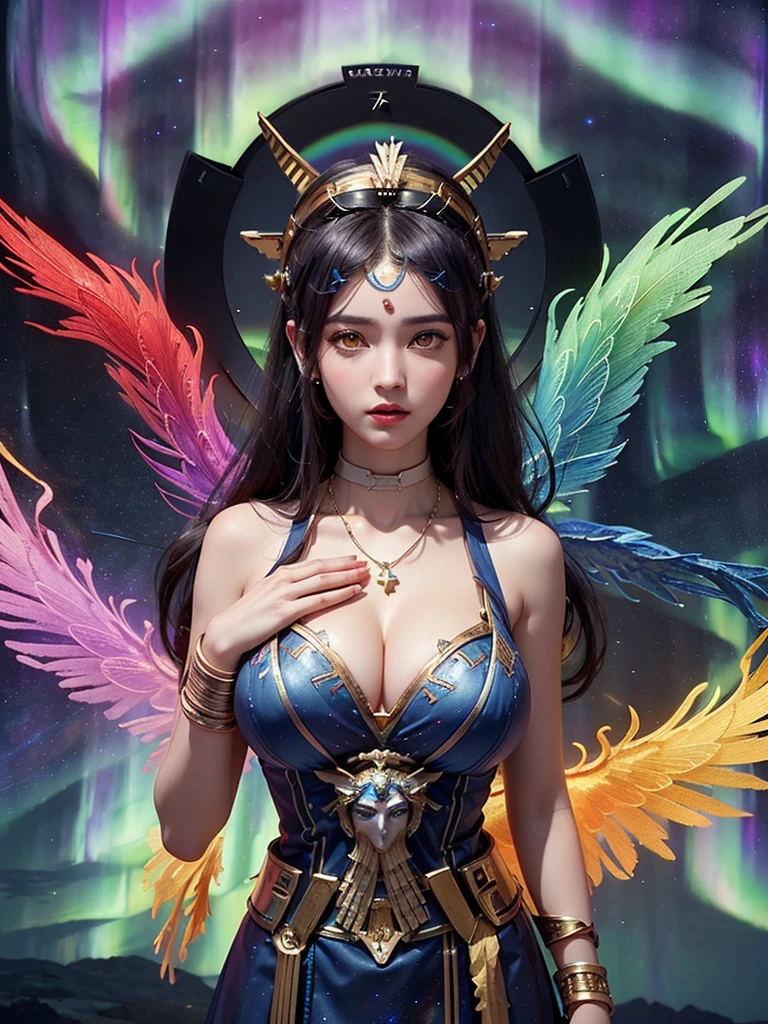 1 27-year-old girl, 1 future goddess of Athena, 12 zodiac signs pink purple goddess, goddess athena sexy face wearing thin yellow silk dress, long thin silk skirt 12 zodiac details black lace emotional , goddess Athena from the future, fiction, zodiac ♏, luxury athena glitter style, hanfu ancient style, dark and mysterious version, athena crown, vermilion lips, lips thin and beautiful, no smile, mouth closed, characters created by karol bak and pino daeni, intricate details, detailed background, extremely detailed, magical lighting, a woman, clear face , Athena upper body, breast augmentation, (big and round breasts: 1.8), ((Full chest)), phoenix hair brooch, long bangs, (Hair is 7 colors long like a rainbow: 1.9), a mold detailed beautiful face and well-proportioned eyes, (transparent yellow eyes: 1.8), big round eyes and very beautiful and detailed makeup, visionary, long thin silk dress, mysterious makeup, Bracelet , bangs and dyed blonde, upper body, (athena's upper body : 1.8), drooping arms, Realistic and vivid photo, (the stars that make up athena: 1.7), (athena sky and wings fictional time and space portal: 1.8), fictional art, RAW photo, hanfu photo, best photo, high_res, best quality, best photo, 8k quality, super 8k, surreal, real photo best, art portrait of athena sign, 1 symbol of athena sign back, single athena portrait photo, most realistic palette, best photo color, masterpiece , hair decoration, necklace, furniture jewelry, pretty face, upper body, tyndall effect, realism, dark studio, border light, two tone lighting, (high skin detail: 1.2), 8k uhd, dslr, soft light , high quality, light volume, candid , Photo, high resolution , 4k quality, 8k, Bokeh, Smooth and sharp, 10x pixels, sexy Athena, sexy athena, arms outstretched, (no) have background time: 1.8), (galaxy: 1.7), aurora, lightning , (aurora background: 1.8), perfect eyes, picture perfect eyes, beautiful goddess and flowers, jewelry all over the goddess athena, fantasy, <lora:A0d4Xxmix9_V40