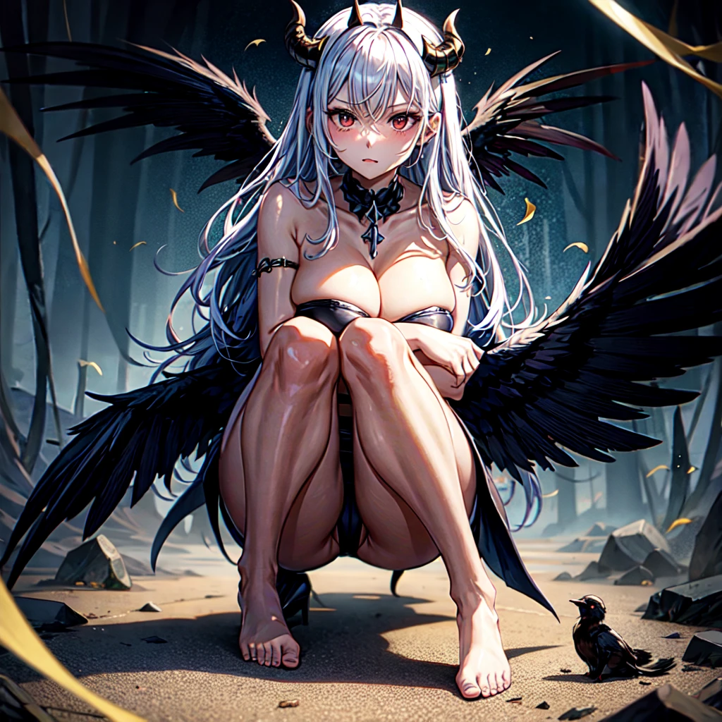 Highest quality、Anatomically correct、Black wings grow、disaster々Cool atmosphere、beautiful、One woman、devil、Female Demon King、Dark Places、Dark Skin、High-pressure attitude、An evil look、It has a tail、Staring at this、 Dark Background、naked、Mature Woman 、With legs apart、 No clothes、Crouching、Facing forward、Leg spread
