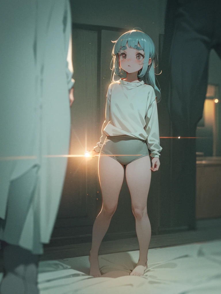 (Sumilux f1.4 50mm , low Latitude old color negative film , cross process , bokeh, flare, chromatic aberration , soft focus, (Shallow focus) , soft glow , Maximum aperture, low Key , Transparent depiction) , kawaii horror style , shy girl , (Thick thighs) , (Short stature) , (blunt bangs , hanging down the back long hairstyle ) , (round maro eyebrows) , in the creepy mansion , dim light , baggy clothes , shocking accident scene