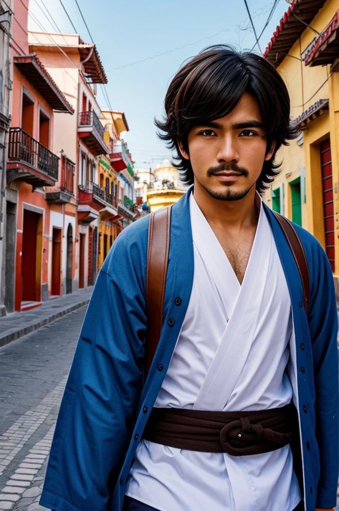 Medium-haired man in the city of Puebla, Japanese anime style 