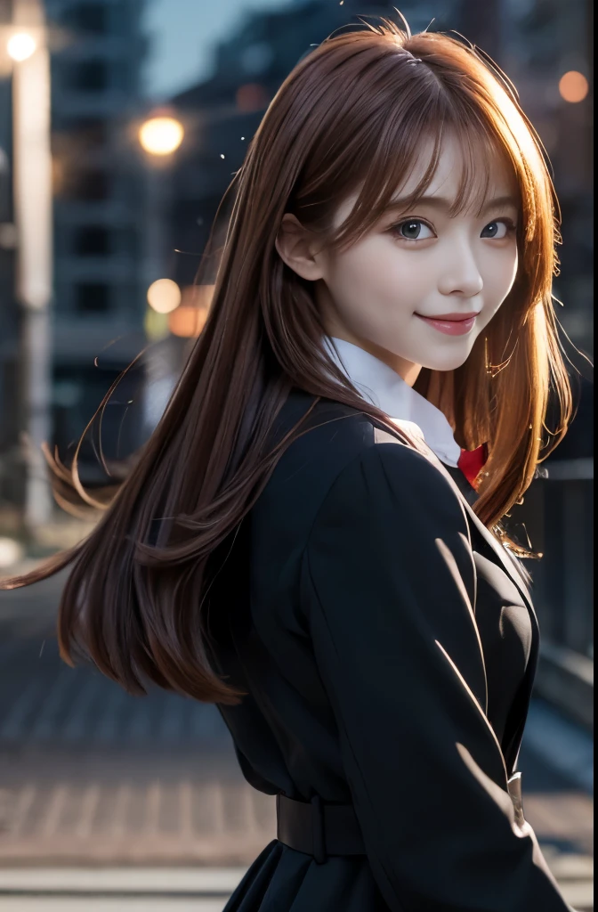 ((masterpiece,Highest quality,Ultra high definition)),8k Raw Photo:1.5,One girl, Long Hair, Redhead, alone, dress, Red eyes, Shining red eyes, View your viewers, Long sleeve, Are standing, whole body, building, 白いdress, hair ornaments, Black jacket, smile, Floating Hair, Dutch Angle, Mouth closed, avert your eyes, Outdoor
