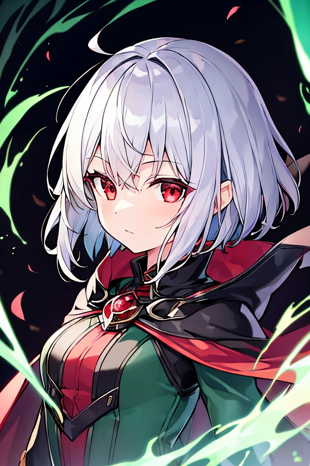 1 girl、Silver short hair、Unfocused red eyes、Fantasy、witch、((Black and green outfit))、Aggressive design、Cape、Yellow decoration、accessories、Villain、Magical Items、whole body、Mysterious Forest、Wind Magic、Dark Magic、Dark Aura