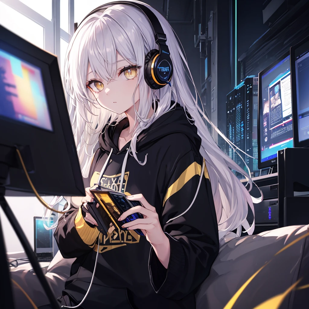 Golden Eyes、Woman using computer with big screen、Silver Hair、Semi-long hair、Put on some cool headphones,(tKELE Black Hoodie Oversized MytH, beautiful and delicate
Golden Eyes、thought,Black clothes，Solo