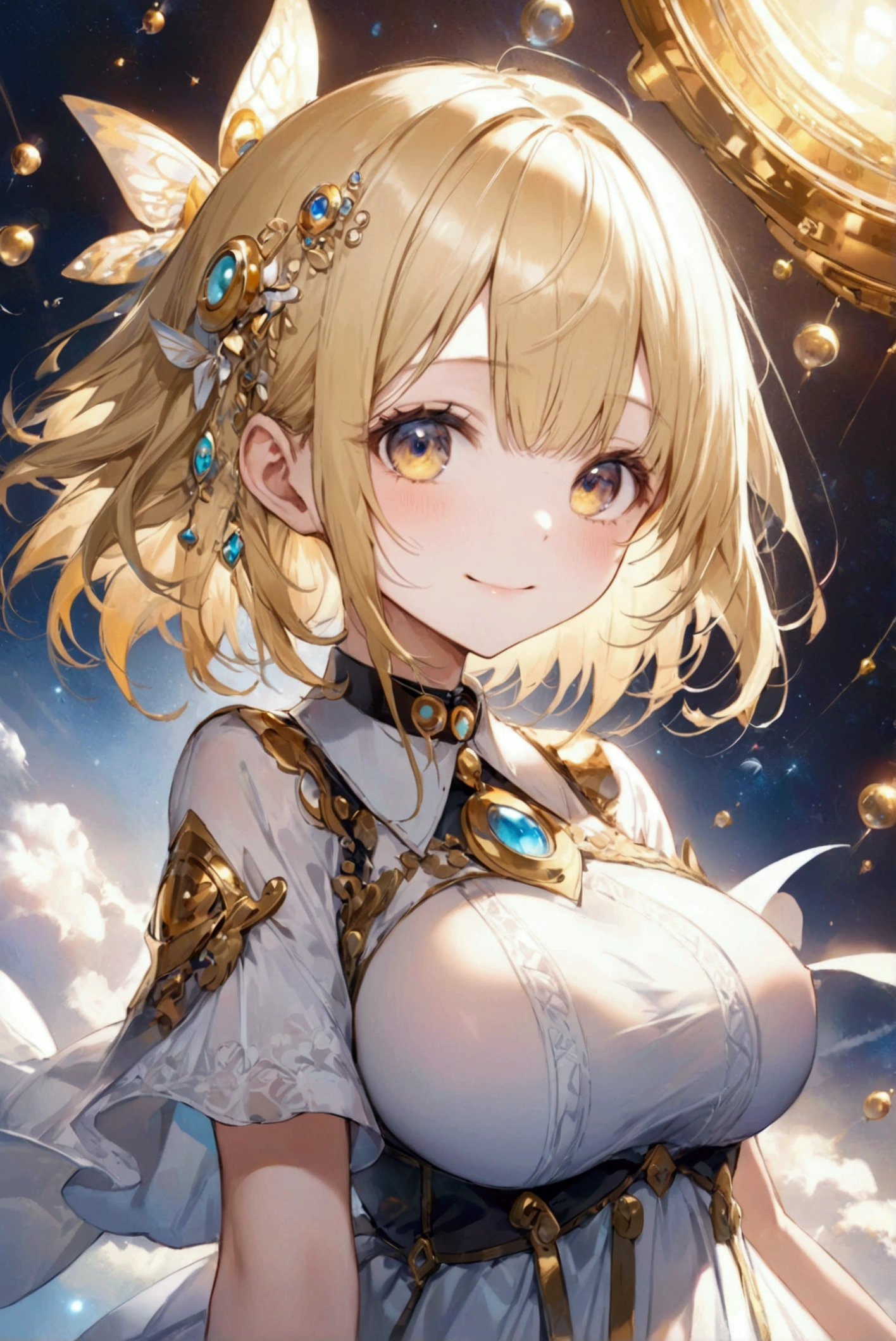 (Highest quality, 8k, 32K, masterpiece, Ultra-high resolution,:1.2),to be born, One Girl,So cute , hair ornaments, eye,Multicolored Hair,Upper Body,Blonde,dress, collar, 金色のeye, 金色のeye,bangs, Blonde,Medium Hair,An innocent smile, A fantasy background reminiscent of an electronic world, Large Breasts
