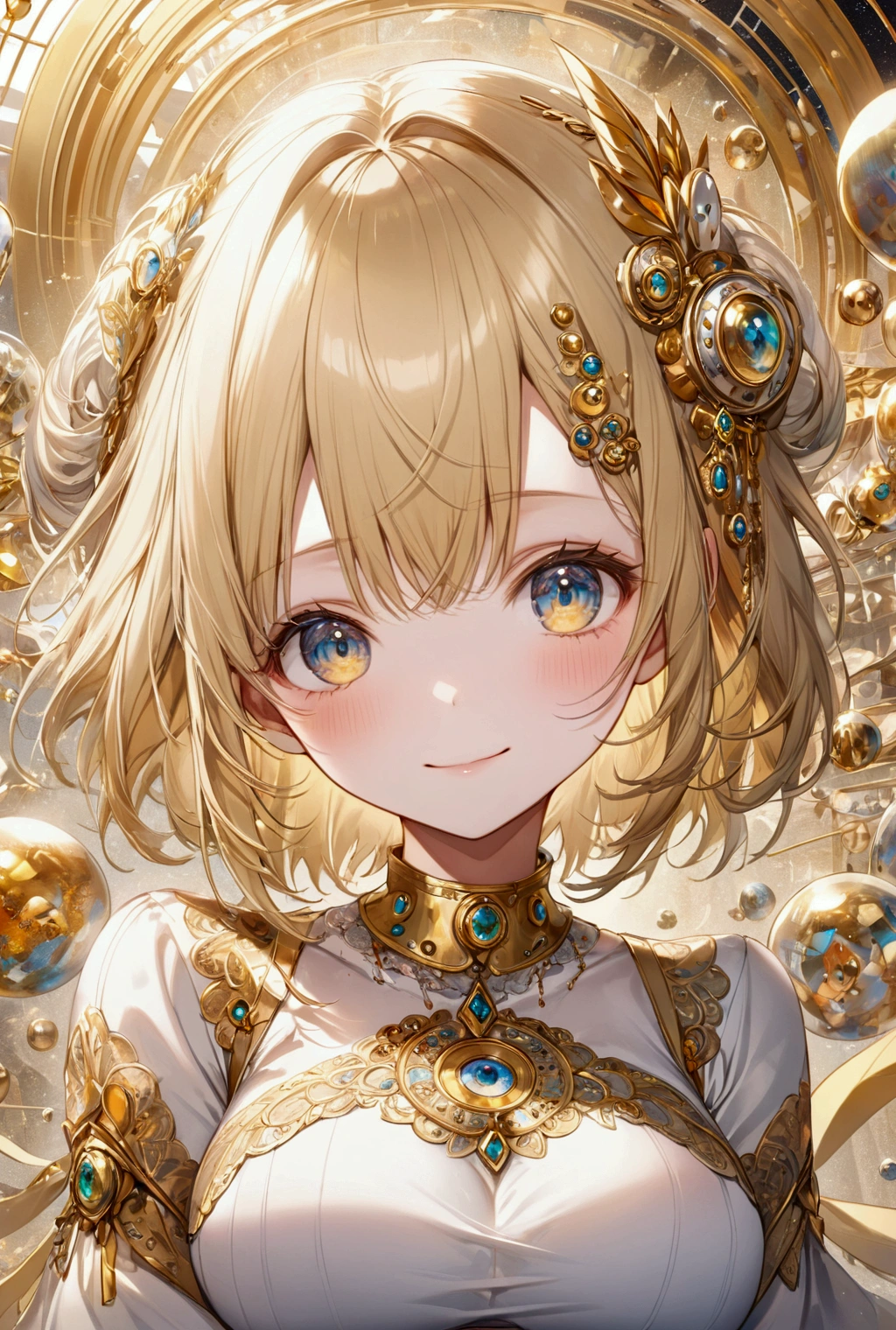 (Highest quality, 8k, 32K, masterpiece, Ultra-high resolution,:1.2),to be born, One Girl,So cute , hair ornaments, eye,Multicolored Hair,Upper Body,Blonde,dress, collar, 金色のeye, 金色のeye,bangs, Blonde,Medium Hair,An innocent smile, A fantasy background reminiscent of an electronic world, Large Breasts