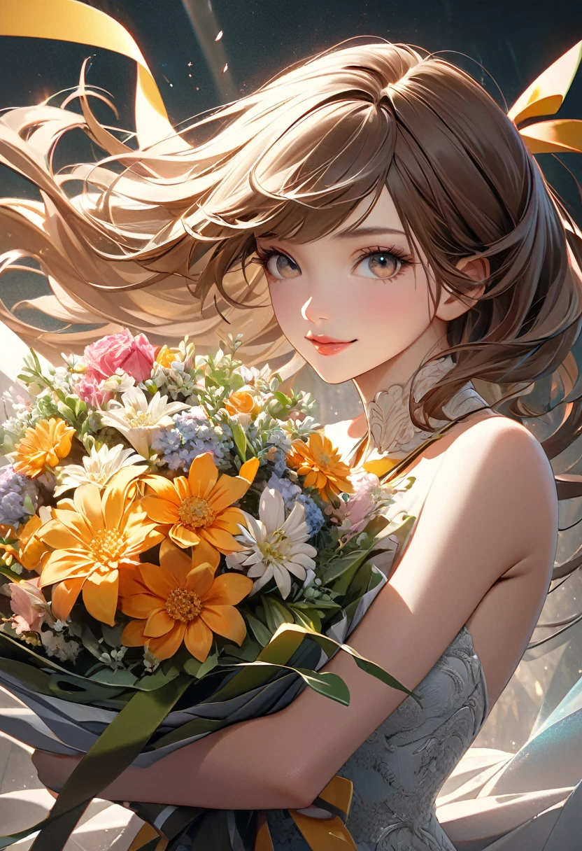 
                  ( perfect anatomy )  Otherworldly charming very beautiful girl hanging ribbon medal holding big bouquet of flowers ,Happy, elegant and joyful expression at the moment of winning the award(close up),brown hair, Features ultra-high detail eyes,

                    Beautiful and sophisticated silhouette, Ultra-high detail mouth, fine and perfect lips,  looking directly at the viewer, Light and shadow movie special effects high-resolution images surreal textures high-resolution,  Digital painting, 


                            Delicate and dynamic rendering, ultra-high quality, masterpiece, anatomically correct, Super detailed, Best quality animation style HD high quality presentation