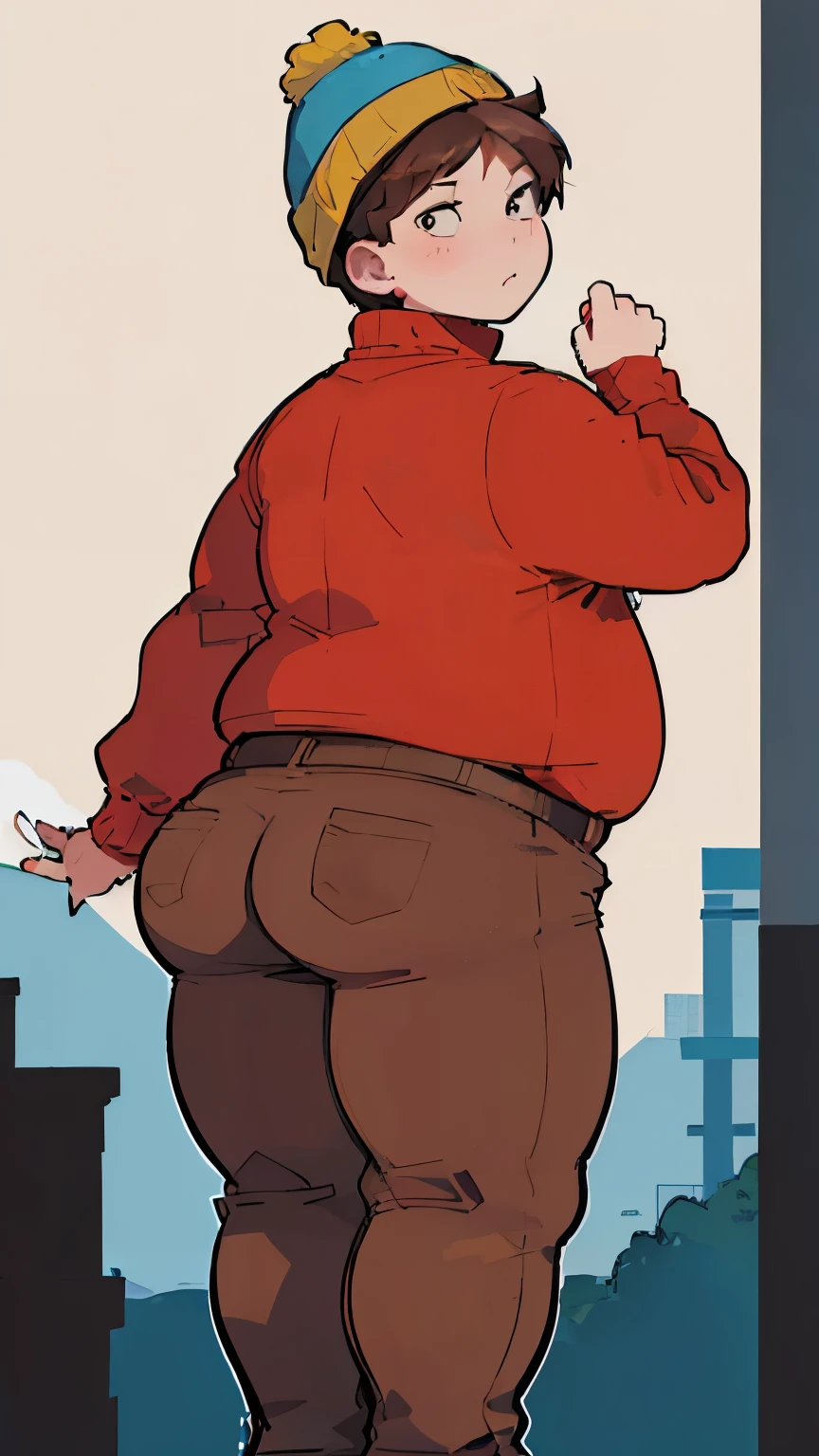 ericcartman,(solo human male), (young male, child), 1boy,solo, (light brown short hair, straight short hair,light brown hair), (from behind:1.0), blush, standing,(red sweater, long sleeves, brown pants), thick thighs, (beanie:1),male solo, thick thighs,wide thighs,wide hips, (chubby, plump), (double-chin), (large thighs, thick thighs, wide hips:1), (ass, big ass, from behind), (large ass:1.1), thick body, wide hips, (thick thighs:1.0), brown eyes, (shota, boy, solo male), absurdres, ultra-highres,best quality, solo, nice hands, perfect hands