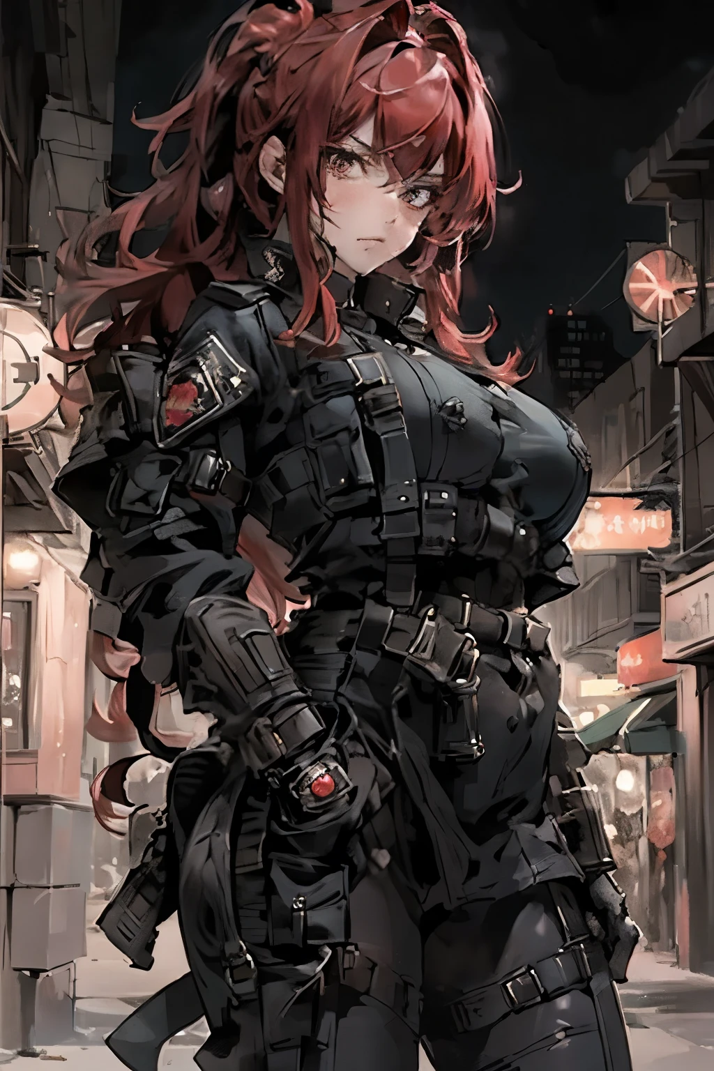 ((best quality)), ((Masterpiece)), (details), 1 girl, SWAT uniform, Curtain bangs, red hair, big breasts, city background, night, Very angry.