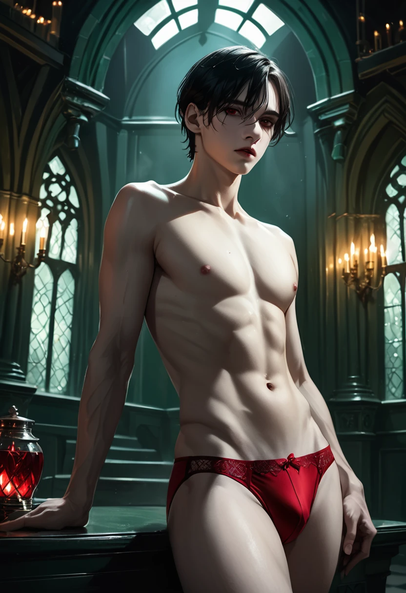 Beautiful detailed photo of a guy, Tom Riddle in red underwear, topless, black hair,red eyes, pale skin, sensual pose, in Slytherin common room with dramatic lighting, extremely detailed, cinematic composition, masterpiece, high quality, photorealistic,4k