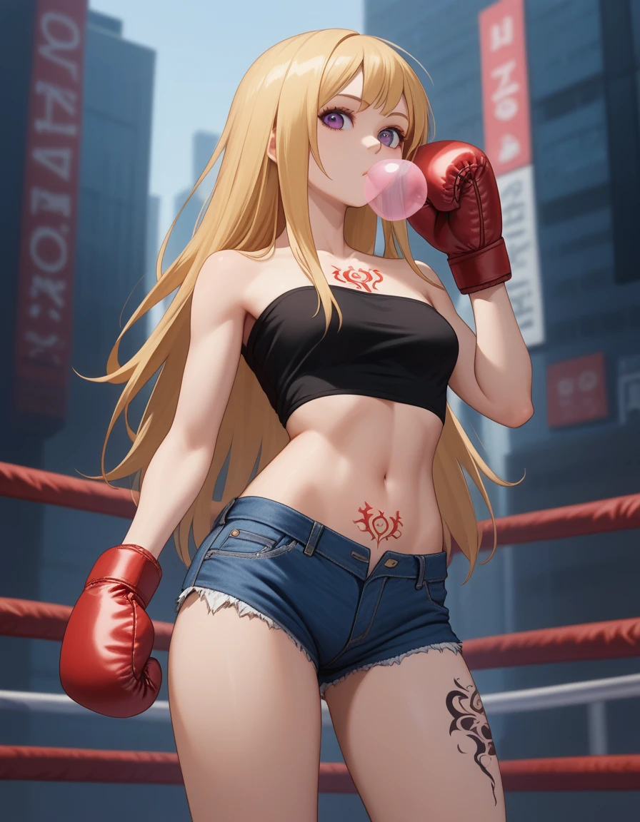 score_9, score_8_up, score_7_up,soft shadows, city, detailed BREAK 1girl, blonde hair, long hair, purple eyes, denim shorts,tube top, off-shoulder shirt, strapless,black tattoo, stomach-tattoo, midriff, navel, looking at viewer, expressionless, ((boxing gloves)), hands on own chest, blowing bubbles,wing_tattoo, (stomach-tattoo:1.2), chewing gum, arm-tattoo, leg-tattoo, chest-tattoo, adjusting hair, neck-tattoo