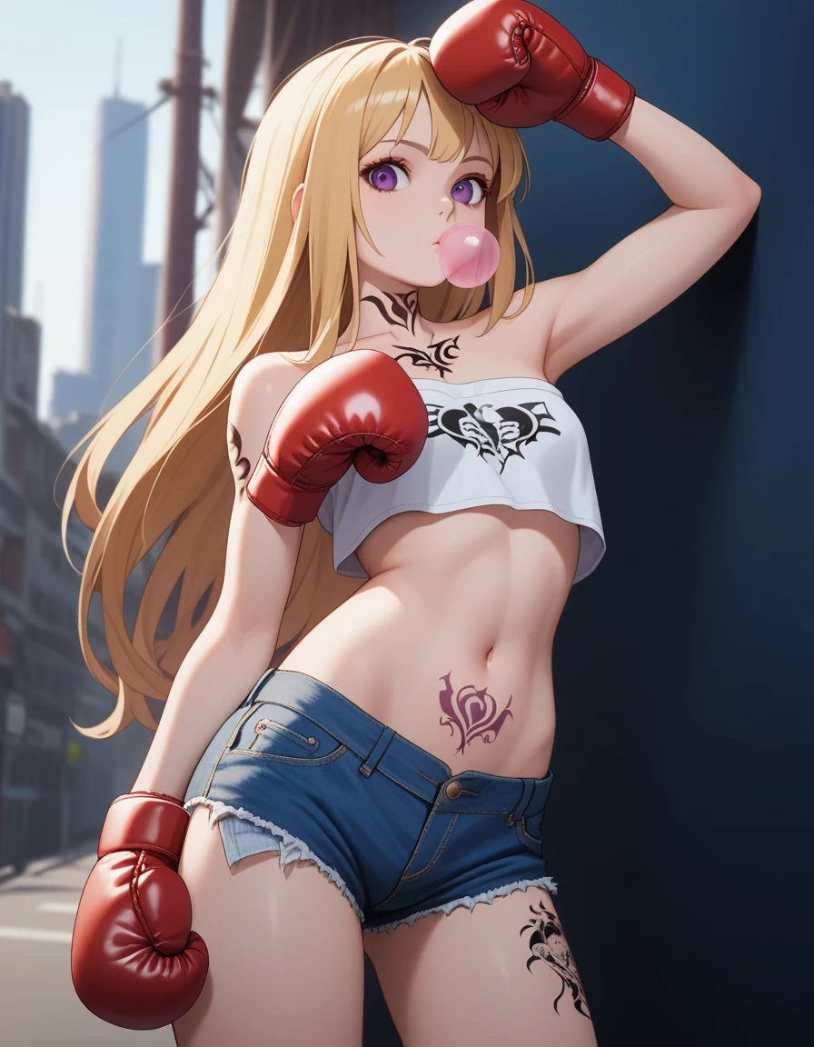 score_9, score_8_up, score_7_up,soft shadows, city, detailed BREAK 1girl, blonde hair, long hair, purple eyes, denim shorts,tube top, off-shoulder shirt, strapless,black tattoo, stomach-tattoo, midriff, navel, looking at viewer, expressionless, ((boxing gloves)), hands on own chest, blowing bubbles,wing_tattoo, (stomach-tattoo:1.2), chewing gum, arm-tattoo, leg-tattoo, chest-tattoo, adjusting hair, neck-tattoo