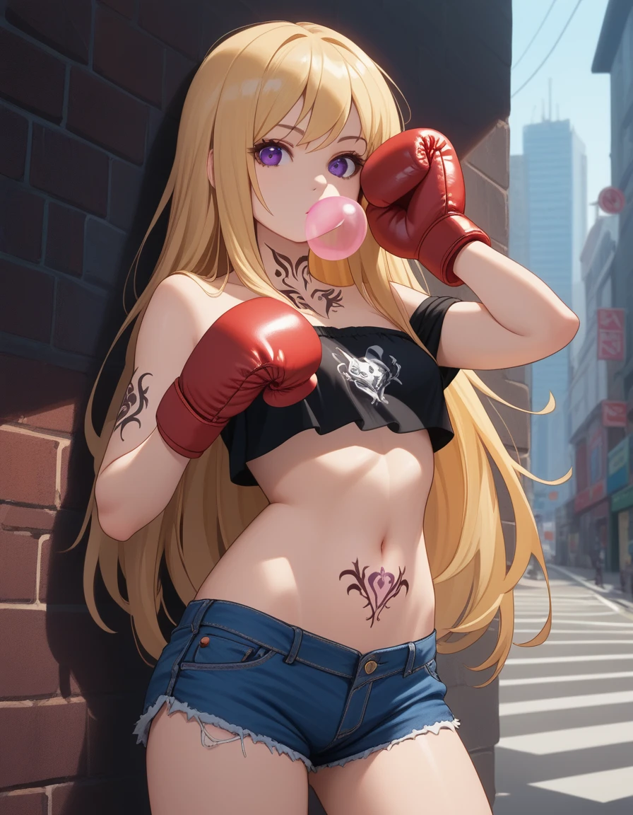 score_9, score_8_up, score_7_up,soft shadows, city, detailed BREAK 1girl, blonde hair, long hair, purple eyes, denim shorts,tube top, off-shoulder shirt, strapless,black tattoo, stomach-tattoo, midriff, navel, looking at viewer, expressionless, ((boxing gloves)), hands on own chest, blowing bubbles,wing_tattoo, (stomach-tattoo:1.2), chewing gum, arm-tattoo, leg-tattoo, chest-tattoo, adjusting hair, neck-tattoo