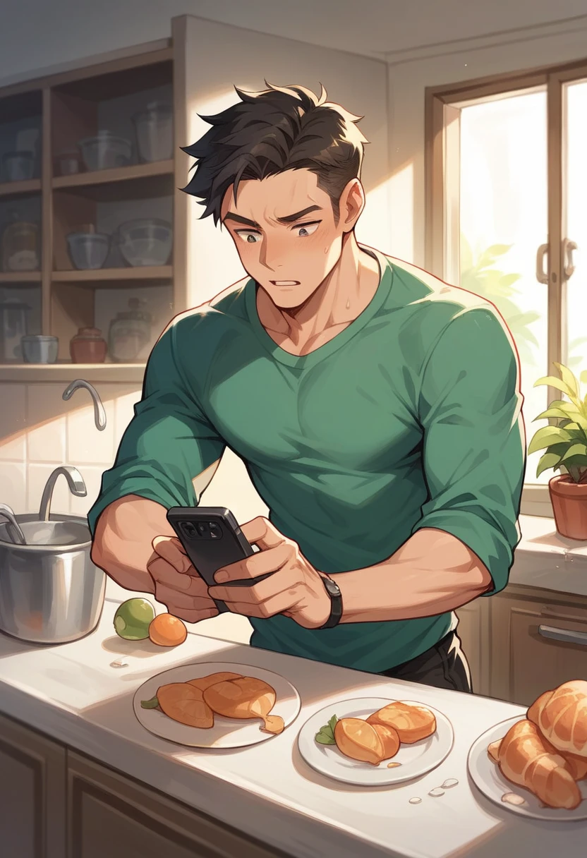 A man with hair wearing black underwear is in the kitchen looking at something on his cell phone 