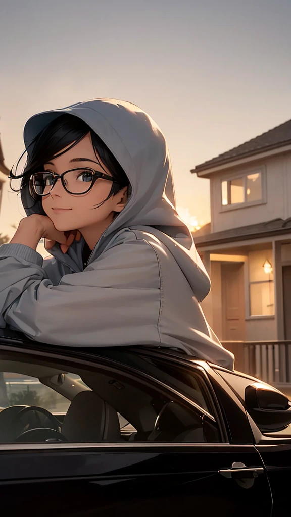 Create a side view of a young woman wearing black-rimmed glasses and a light blue denim hoodie. Her short black hair was thin and slightly flowing. She wore a hood covering half of her head, revealing only part of her face. The young woman smiled warmly and friendly. Her gaze turned slightly to the side. It shows happiness and satisfaction at that moment. The background consists of a white car parked near a house with light-colored pillars and roof. The overall atmosphere of the picture is outdoorsy, bright and comfortable.