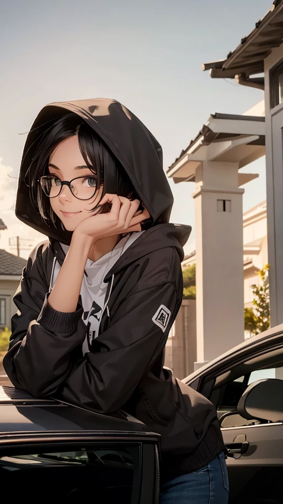 Create a side view of a young woman wearing black-rimmed glasses and a light blue denim hoodie. Her short black hair was thin and slightly flowing. She wore a hood covering half of her head, revealing only part of her face. The young woman smiled warmly and friendly. Her gaze turned slightly to the side. It shows happiness and satisfaction at that moment. The background consists of a white car parked near a house with light-colored pillars and roof. The overall atmosphere of the picture is outdoorsy, bright and comfortable.