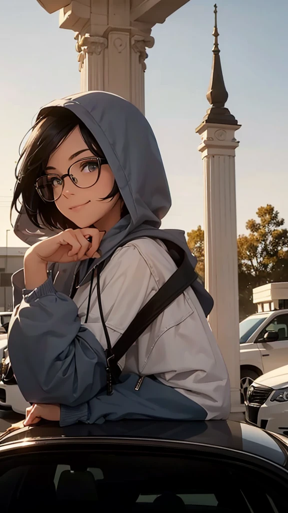 Create a side view of a young woman wearing black-rimmed glasses and a light blue denim hoodie. Her short black hair was thin and slightly flowing. She wore a hood covering half of her head, revealing only part of her face. The young woman smiled warmly and friendly. Her gaze turned slightly to the side. It shows happiness and satisfaction at that moment. The background consists of a white car parked near a house with light-colored pillars and roof. The overall atmosphere of the picture is outdoorsy, bright and comfortable.