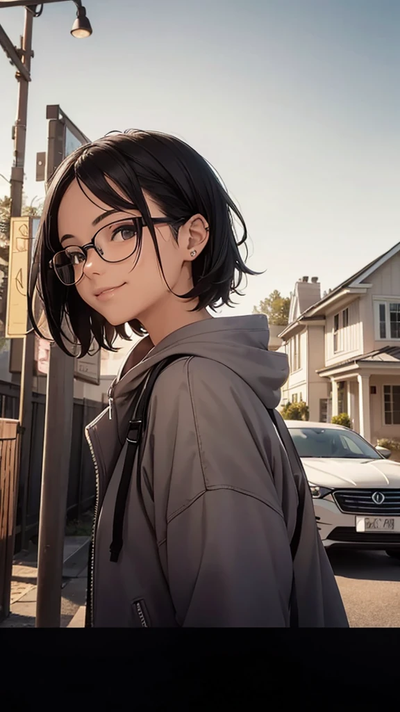 Create a side view of a young woman wearing black-rimmed glasses and a light blue denim hoodie. Her short black hair was thin and slightly flowing. She wore a hood covering half of her head, revealing only part of her face. The young woman smiled warmly and friendly. Her gaze turned slightly to the side. It shows happiness and satisfaction at that moment. The background consists of a white car parked near a house with light-colored pillars and roof. The overall atmosphere of the picture is outdoorsy, bright and comfortable.