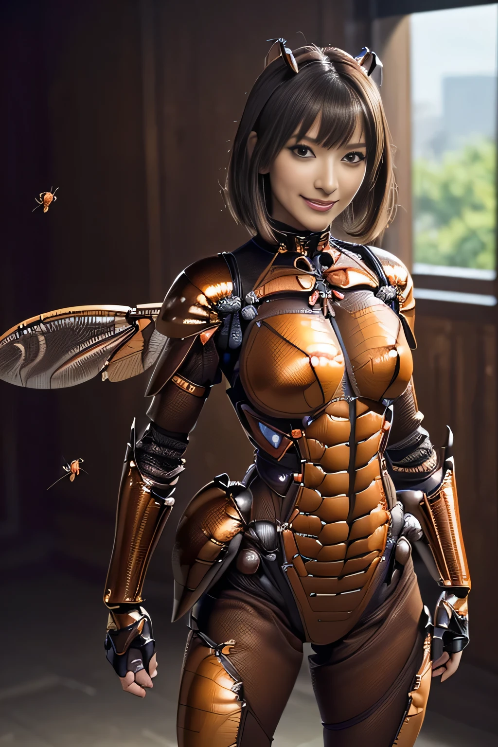 (high resolution,masterpiece,best quality,extremely detailed CG, anime, official art:1.4), realistic, photo, amazing fine details, all intricate, gloss and shiny,awesome many layers, 8k wall paper, 3d, sketch, kawaii, illustration,( solo:1.4), perfect female proportion,villainess, (fusion of dark brown cockroach and lady:1.4), (brown cockroach form lady:1.2), (brown cockroach lady:1.2), (fusion:1.2), (solo:1.4), (evil smile:1.2), muscular, abs, (cockroach brown exoskeleton bio insect suit:1.4), (cockroach brown exoskeleton bio insect armor:1.2), (brown transparency cockroach wing:1.4), (brown cockroach antennae:1.3),
