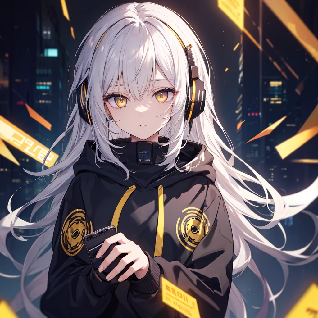 Golden Eyes、Woman using computer with big screen、Silver Hair、Semi-long hair、Put on some cool headphones,(tKELE Black Hoodie Oversized MytH, beautiful and delicate
Golden Eyes、thought,Black clothes,Solo