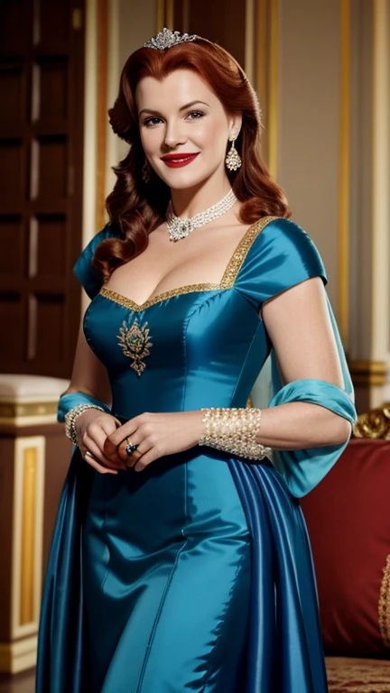 Maureen O'Hara dressed in sexy royal traditional clothing with lipstick and smiling