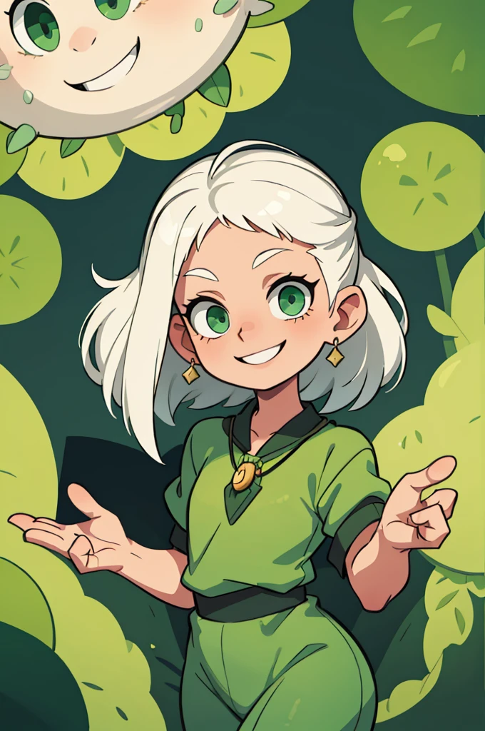 ((Best quality, masterpiece)), 
1 guy, White hair, green eyes, smiling face, pendant on tiptoe 