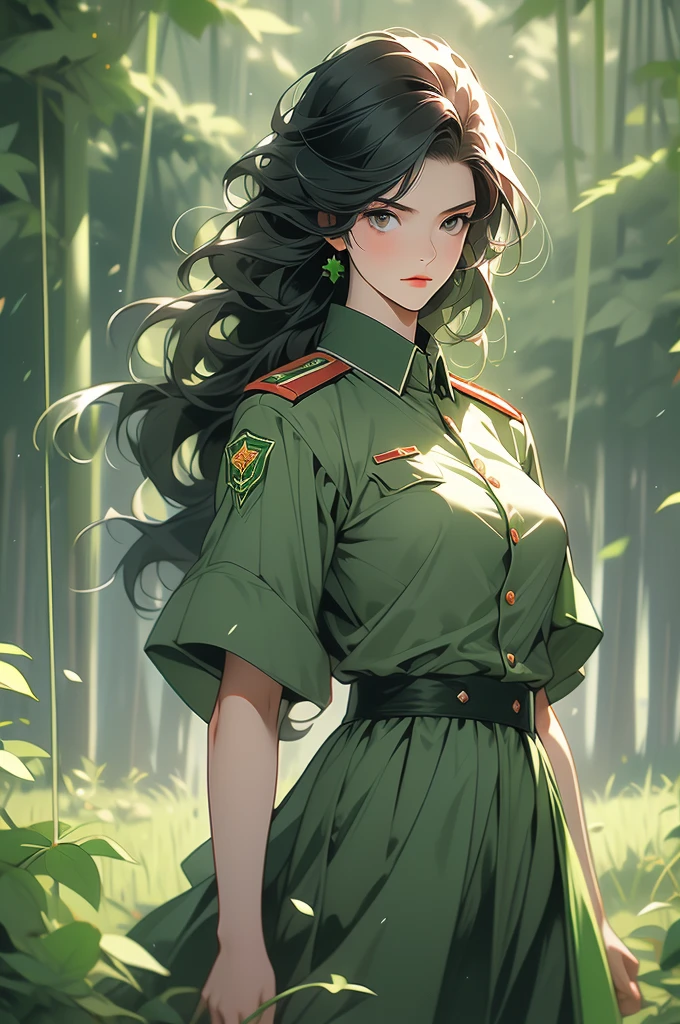 tall woman, green military uniform, soviet, black hair, serious face, green forest background, green skirt, green fields