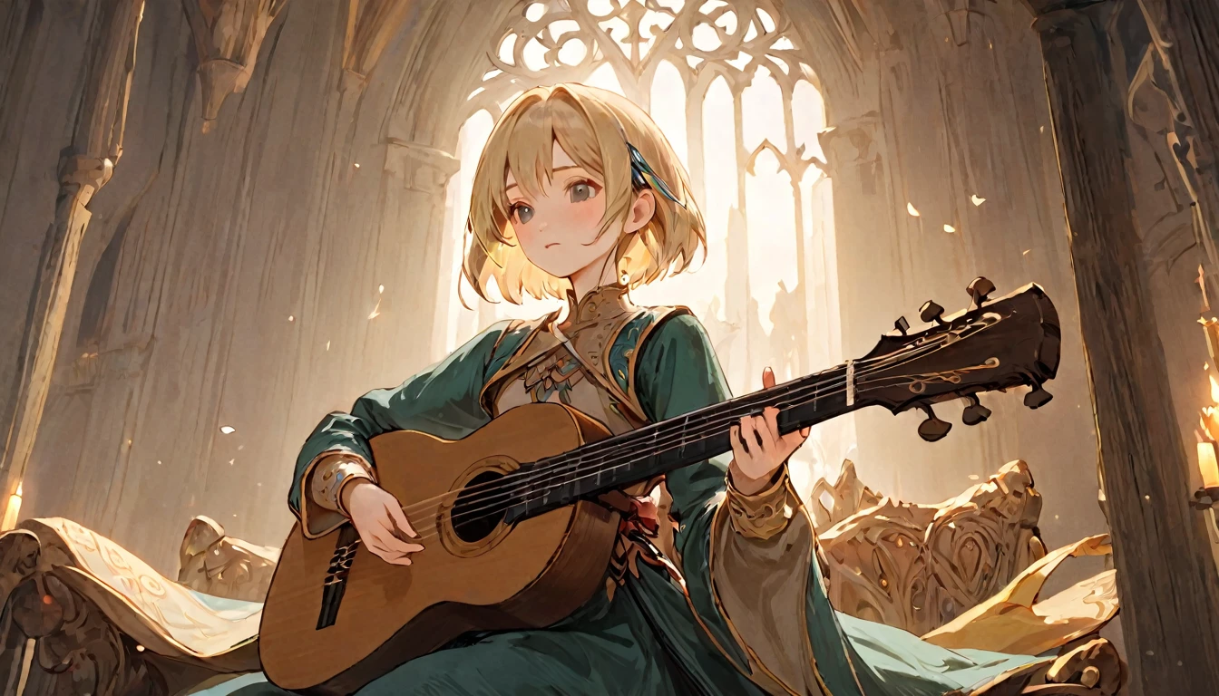 Female Adventurer, whole body, Game Art Style, (masterpiece), Highest quality, High resolution, 4K, 8k, Detail View, Intricate details, Cinema Lighting, Great quality, 1 girl, bird、bird、Lute playing、Lute playing、((Close your eyes and sing passionately:1.2))、Elf Ears、Ash Blonde Hair, Great Shade, Soft lighting, To the camera, Perfect Eyes,Black Hair,short hair