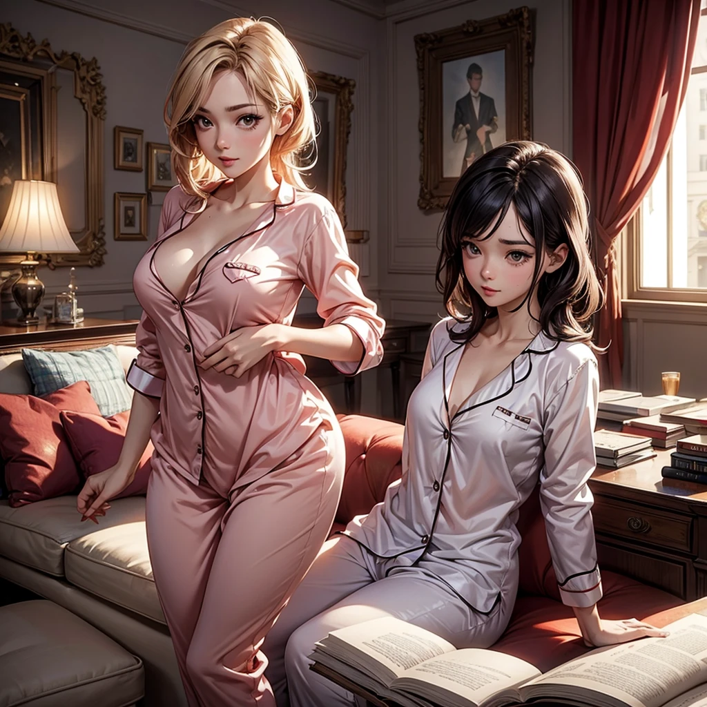 Wearing sexy pajamas, graceful figure, coquettish, study room, sofa, random enchanting movements, facing the camera, imaginative, first love