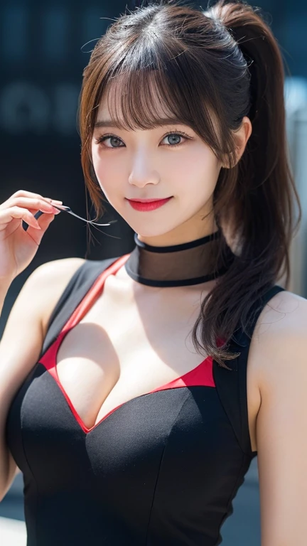 A white and red race queen costume made of enamel material that exposes a lot of skin、Highest quality, Very detailed, finely, High resolution, 8k wallpaper, Black Hair、Perfect dynamic composition, finelyて美しい目, Natural Lip, (Big Breasts:1.2), Cleavage、smile、ponytail、((Are standing))、((Close your mouth))、((Circuit Background))、blue sky、whole body