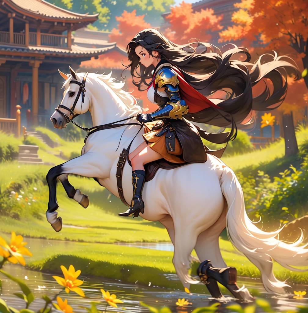 ((best quality)), ((anime masterpiece)), (high detailed), 8k, cinematic lighting, realistic, HDR, vivid color, anime, 20 years old woman riding a WHITE HORSE, long hair, {black hair}, red eyes, medium breast, cleavage, (white knight armor, black glove, black miniskirt, bare legs, brown boots), river, forest, (from side: 1.2), anatomically correct
