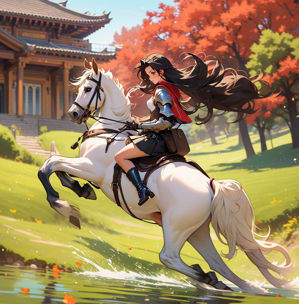 ((best quality)), ((anime masterpiece)), (high detailed), 8k, cinematic lighting, realistic, HDR, vivid color, anime, 20 years old woman riding a WHITE HORSE, long hair, {black hair}, red eyes, medium breast, cleavage, (white knight armor, black glove, black miniskirt, bare legs, brown boots), river, forest, (from side: 1.2), anatomically correct
