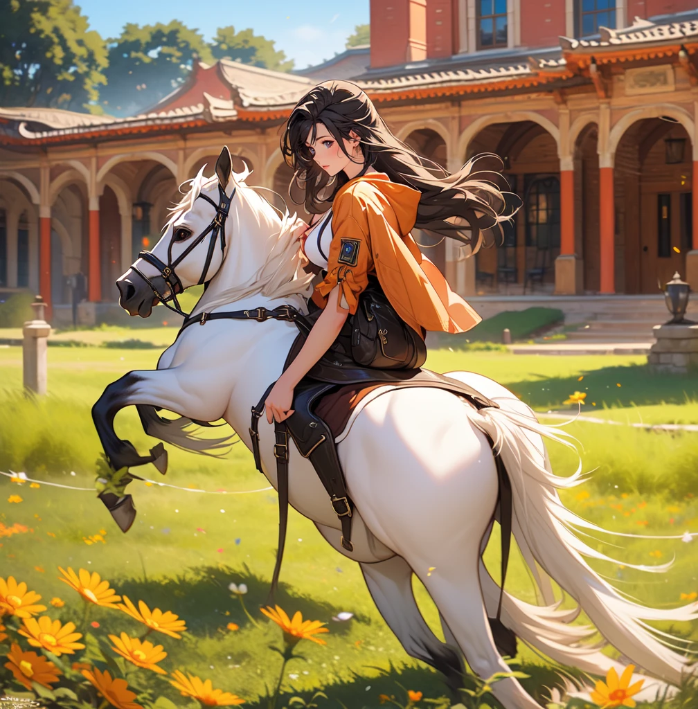 ((best quality)), ((anime masterpiece)), (high detailed), 8k, cinematic lighting, realistic, HDR, vivid color, anime, 20 years old woman riding a WHITE HORSE, long hair, {black hair}, red eyes, medium breast, cleavage, (white knight armor, black glove, black miniskirt, bare legs, brown boots), river, forest, (from side: 1.2), anatomically correct