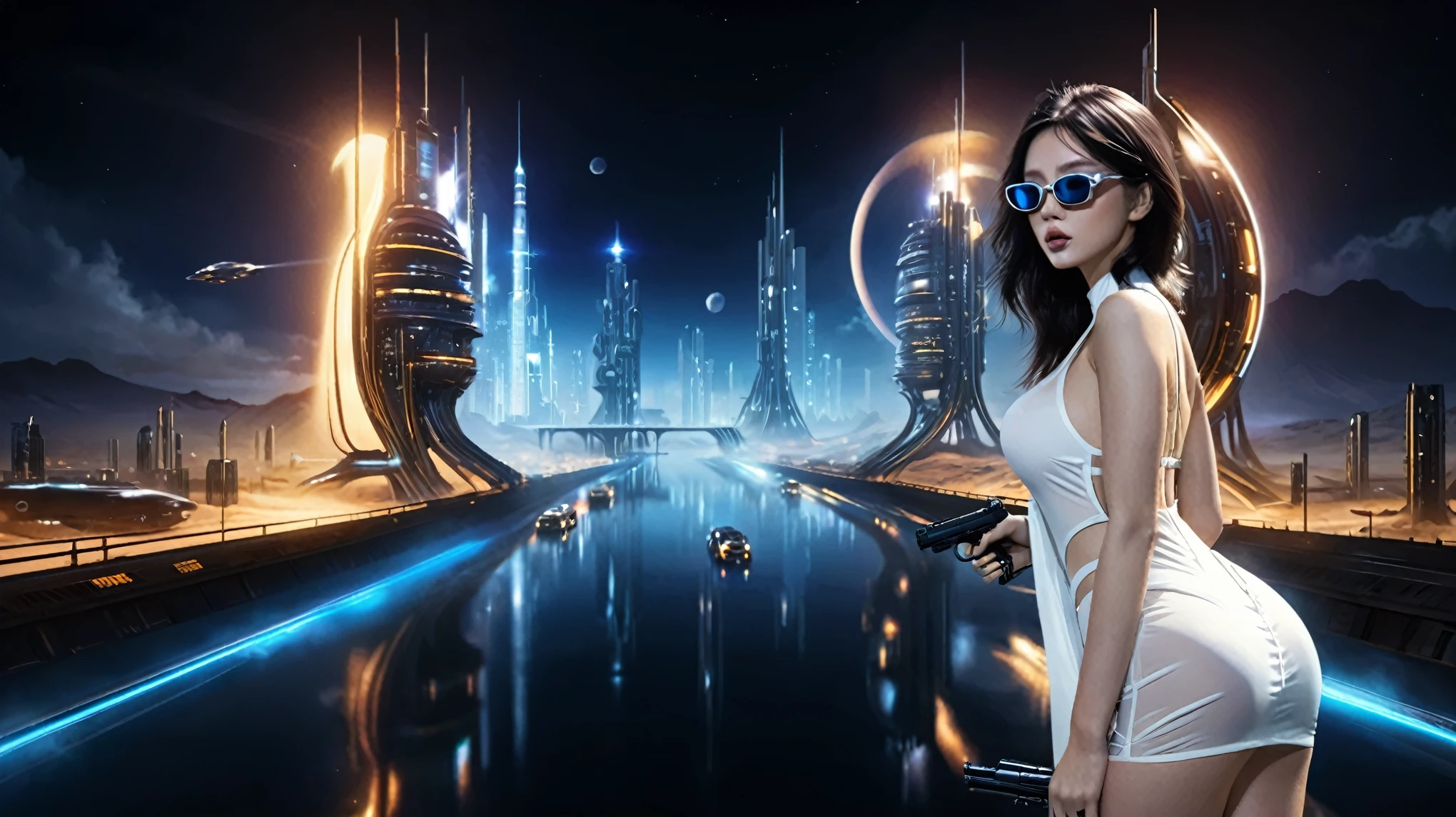 at night, ((a large-breast:1.2 lingerie slim:0.6 GIRL with black micro sunglasses)), ((holding a pistol)), aerial view of an ultra-futuristic megalopolis, tall metal buildings and houses in dark colors from dark blue to black, shades of metal gray, smoky metal structures, industrial environment with fog around, dark cars on the streets, desert megalopolis, modern metal rails and trains passing through, ((futuristic space station)), realistic, detailed, sci-fi.
