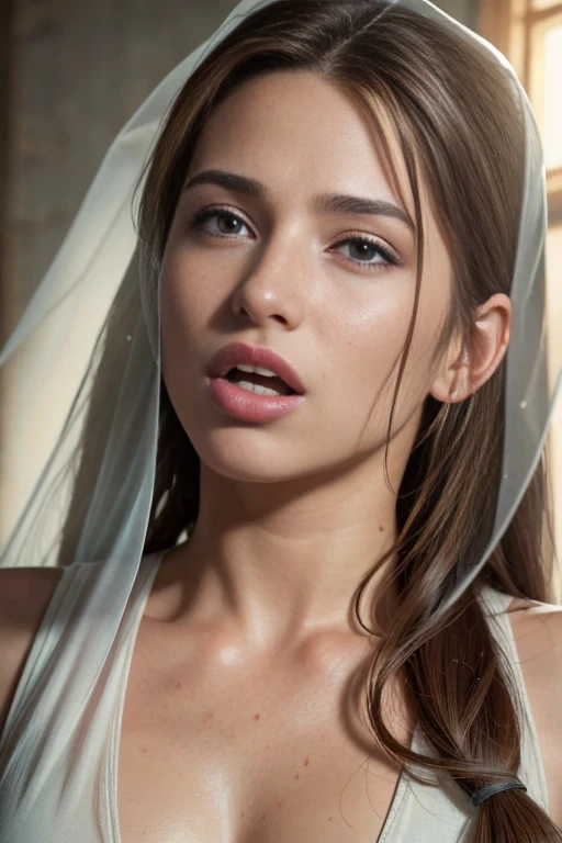 (8k, raw photo, highest quality, masterpiece:1.2), (Realistic, photo-Realistic:1.2), (ultra high resolution), (Super detailed), Lara Croft from "Tom Raider" , 17 years old, close eyes, mouth open, sticks out his tongue with, speckled white cream flowing at the tip of his tongue, under light and translucent veil covers his body, room in 1472