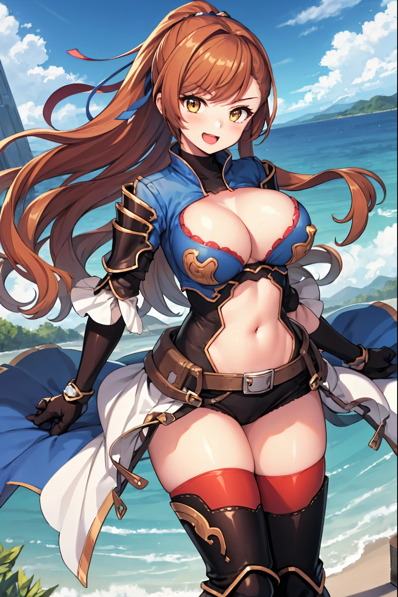 masterpiece, best quality, 1teen_girl,def,beatrix, ponytail, hair ribbon, gauntlets, blue shirt, gloves, cleavage cutout, looking at viewer, big_smile, large breasts, sky_landscape_background ,,happy,covered_nipples,young_,full_of_beans,,laugh,blush,open_mouth,thigh-highs, glower,open_legs,rise_knee,(angry:0.8)