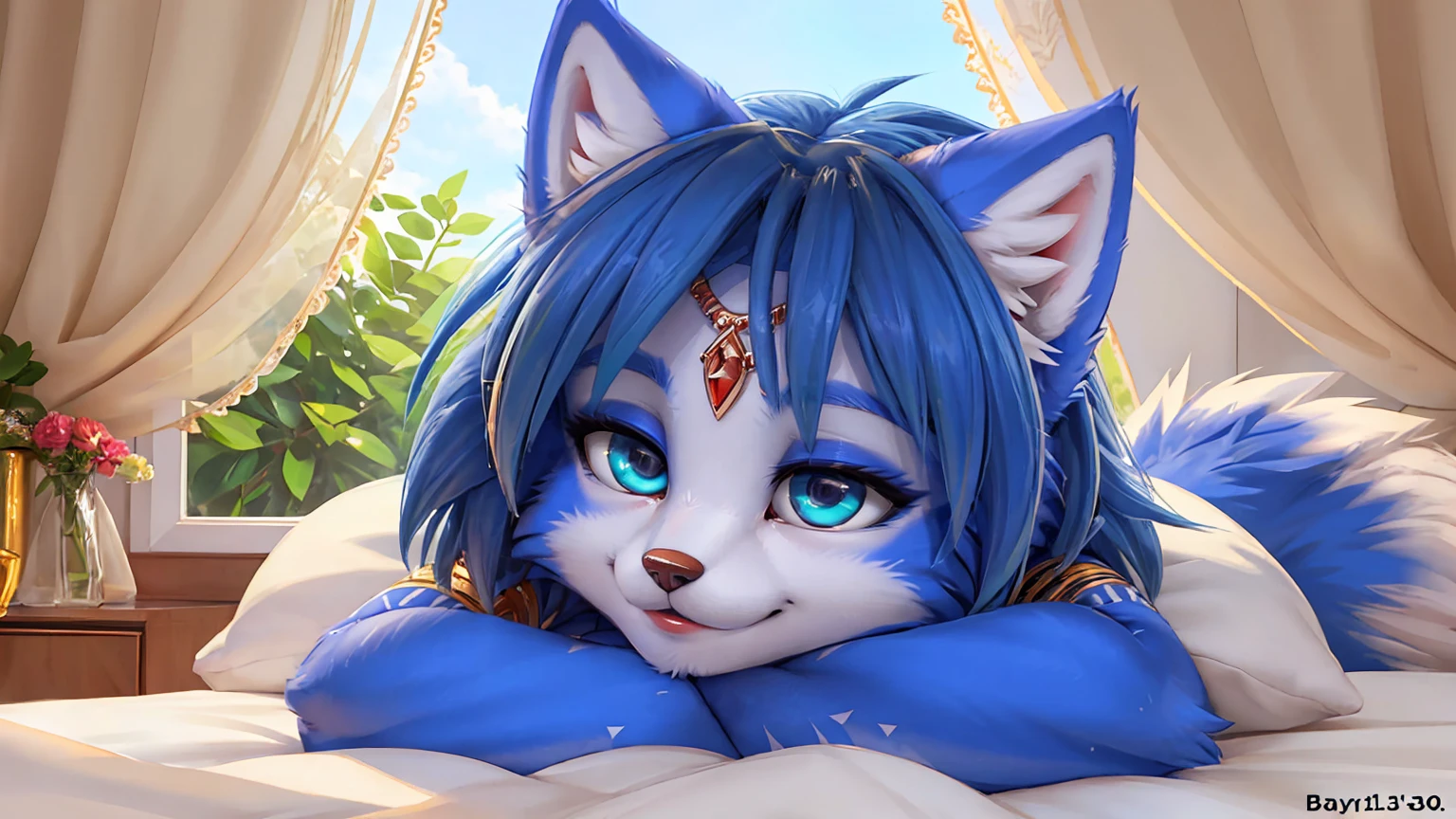 A beautiful and detailed (sweet picture ) wa ((krystal)), Star Fox krystal, sslim, green eyes, medium breasts, (((Long blue hair 1.3))), Decollete, look up, anthro, furry, Uploaded E621, detailed fluffy fur, (wa Fluff-Kevlar, Bayard Wu, personalize me, Pino Daeni), detailed face, (fluffy), 1 girl, alone, Sweet young girl, naked, Viewers look at, smile, lies in the bed, 