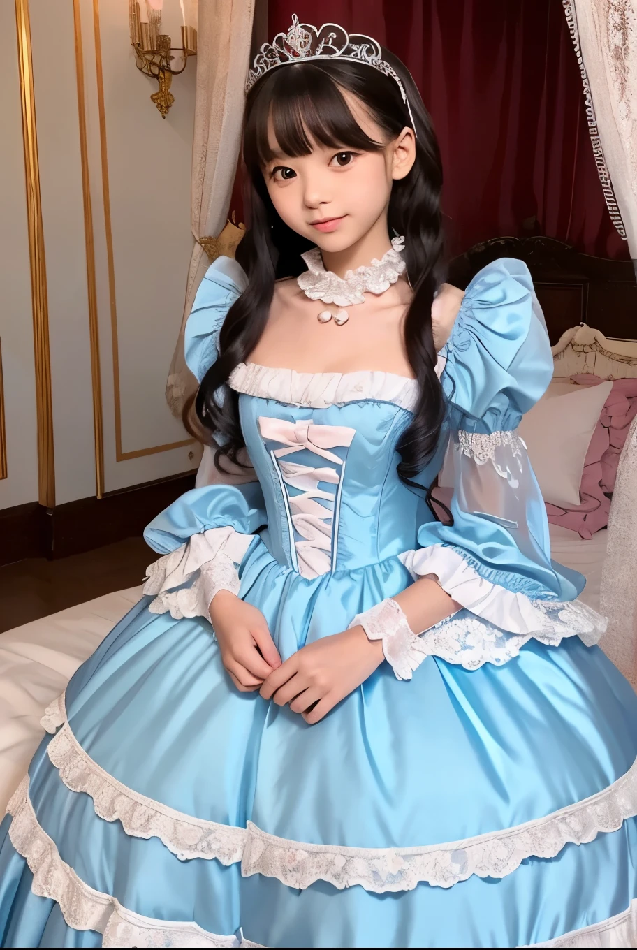 highest quality, masterpiece, highest resolution, artwork, super それにget used to it, many get used to it, get used to it, それにget used to it, 3k realistic pictures,,((12 year old little girls)),Ultra-detailed juvenile face,ultra-detailed beautiful little girls,girls are princess,full length ball gown dress with hoop skirt,ruffled yoke collar,puff sleeves,long sleeve,((Lolita style light blue detailed princess satin dress with lots of ruffles and ribbons)),Rococo style lolita fashion,shiny satin dress,Soft and smooth fabric,detailed princess dress,luxury,long black hair,dark eyes,white skin Japanese,Pajama,((in the bedroom of the palace)),luxury princess canopy king size pink bed,shiny satin sheets,ultra-detailed princess bed,High-quality background,lot of frilled pillows,on the bed,
