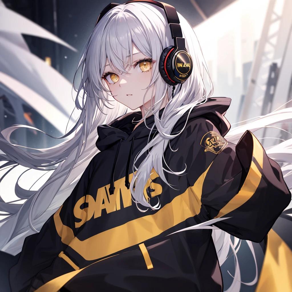 Golden Eyes、woman、Silver Hair、Semi-long hair、Put on some cool headphones,
Black hoodie oversized,
MytH, beautiful and delicate
Golden Eyes、thought,Black clothes,Solo,
Near future