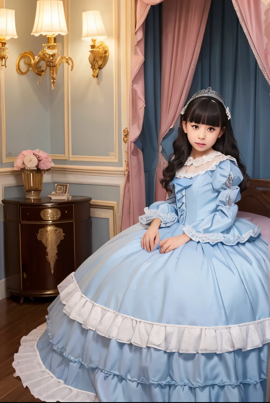 highest quality, masterpiece, highest resolution, artwork, super それにget used to it, many get used to it, get used to it, それにget used to it, 3k realistic pictures,,((12 year old little girls)),Ultra-detailed juvenile face,ultra-detailed beautiful little girls,girls are princess,full length ball gown dress with hoop skirt,ruffled yoke collar,puff sleeves,long sleeve,((Lolita style light blue detailed princess satin dress with lots of ruffles and ribbons)),Rococo style lolita fashion,shiny satin dress,Soft and smooth fabric,detailed princess dress,luxury,long black hair,dark eyes,white skin Japanese,Pajama,((in the bedroom of the palace)),luxury princess canopy king size pink bed,shiny satin sheets,ultra-detailed princess bed,High-quality background,lot of frilled pillows,on the bed,