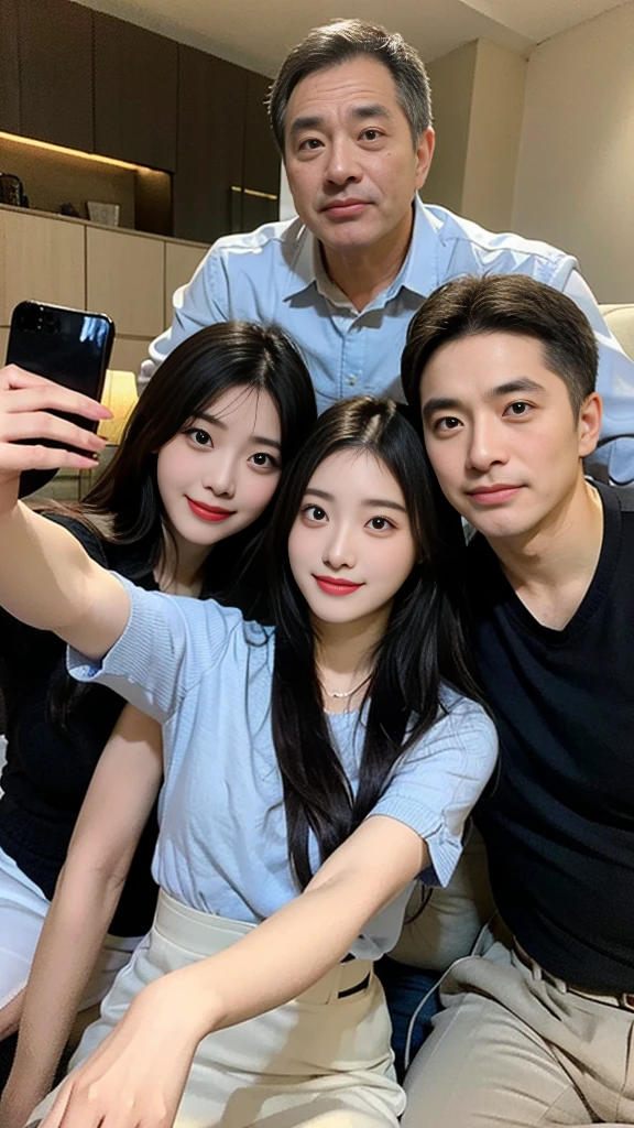 home, living room, Sofa, smartphone selfie, A pretty slender 24-year-old daughter and 27-year-old son wearing blouses and skirts, and a handsome 52-year-old father with a strong body wearing a muscular shirt., Family photo of 3 people, Make a pose that represents a heart with your hands, Korea people,