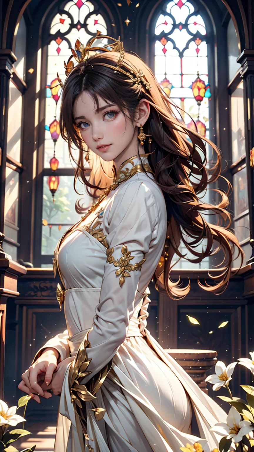 goddess、Long Wavy Hair、Expressions that seem to dance in the wind、A gentle and compassionate smile、Long white dress、Gold Accessories、crown、Classical mythology、Realistic depiction、Inside the magnificent temple、Light pours in through the large windows overlooking the blue sky.、An elegant and dignified appearance、One hand stretched out in front of him, as if he was manipulating the light.、soft and warm colors、Gold and white color scheme、Beautiful flowers blooming at your feet々、Emitting a mystical aura、 Small mythical creatures in the background