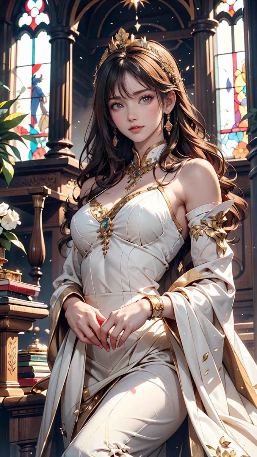 goddess、Long Wavy Hair、Expressions that seem to dance in the wind、A gentle and compassionate smile、Long white dress、Gold Accessories、crown、Classical mythology、Realistic depiction、Inside the magnificent temple、Light pours in through the large windows overlooking the blue sky.、An elegant and dignified appearance、One hand stretched out in front of him, as if he was manipulating the light.、soft and warm colors、Gold and white color scheme、Beautiful flowers blooming at your feet々、Emitting a mystical aura、 Small mythical creatures in the background