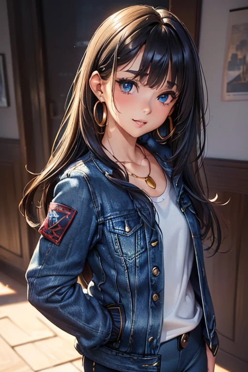 #基本
A girl is posing for a photo, ((One Girl)), (((Baby Face:1.2)) + ((cute:1.3))),
#A girl is posing for a photo, ((One Girl)), (((Baby Face)) + ((cute)) + 16 years old),
break
#Clothing Accessories
(((Black tight-fitting half-length shirt:1.2)), ((Blue Denim Jacket:1.4)), ((Blue denim skinny pants))), (Black High Heels),
(Gold hoop earrings), (Silver Necklace),
break
#Features
((Black Hair)), (blunt bangs:1.4), (Shoulder-length horizontal hair:1.2), (Straight Hair : Long Hair + Thin Hair + Straight hair),
((Droopy eyes), (Kind eyes), (blue eyes), (Big eyes:1.4)), (Small breasts),
break
#background environment
(noon, (sunlight shines, A quiet residential area on a slope)),
#Facial Expression Pose
((smile)), ((Place your hands on your hips) + (Stick your chest out and hold your head high) + (A pose that exudes confidence and authority)),
#composition
(Face the camera, (Focus from the front), (Cowboy Shot)),
break
#Body parts elements
(Slim figure),
(Detailed Hair, Beautiful Hair, Shiny Hair),
((Thin eyebrows), double eyelid, Long eyelashes),
((Expression of fine eyes), (Beautiful and delicate eyes), (Sparkling eyes), Eye Reflexes, Glitter Eyeliner),
(Human Ear),
(Beautiful Nose, Thin Nose),
(Glossy Lips, Beautiful Lips, Thick lips, Glossy Lips, Natural Cheeks),
((Detailed face), Symmetrical facial features),
((Detailed skin), Textured skin, Beautiful Skin, Glowing Skin, (Oily skin)),
break
#Quality Image Quality Common
(((Highest quality)), ((masterpiece)), ((Very detailed))), ((Ultra-high resolution)), ((16K, 1080P)), ((FHD)),
(Anatomically correct), (Realistic), (3DCG), (oil),
#Quality image illustration
((comics, anime)), (CG illustration),
#Quality Image Quality Other
(Line art), (Oil pastel),