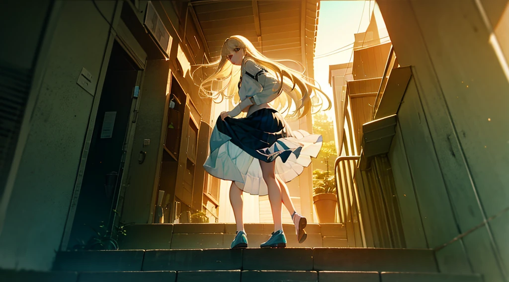 Angle from below、I can see her panties、Climbing stairini skirt、Blushing、、Semi-long hair、Light blonde、Pale brown eyes、、I can see your pants、